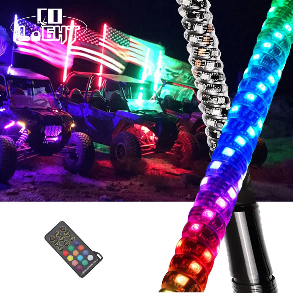 2/3/4/5Ft Rgb Whip Light 0.75" Diameter With Remote Controllor(Pair/2Pc) 1