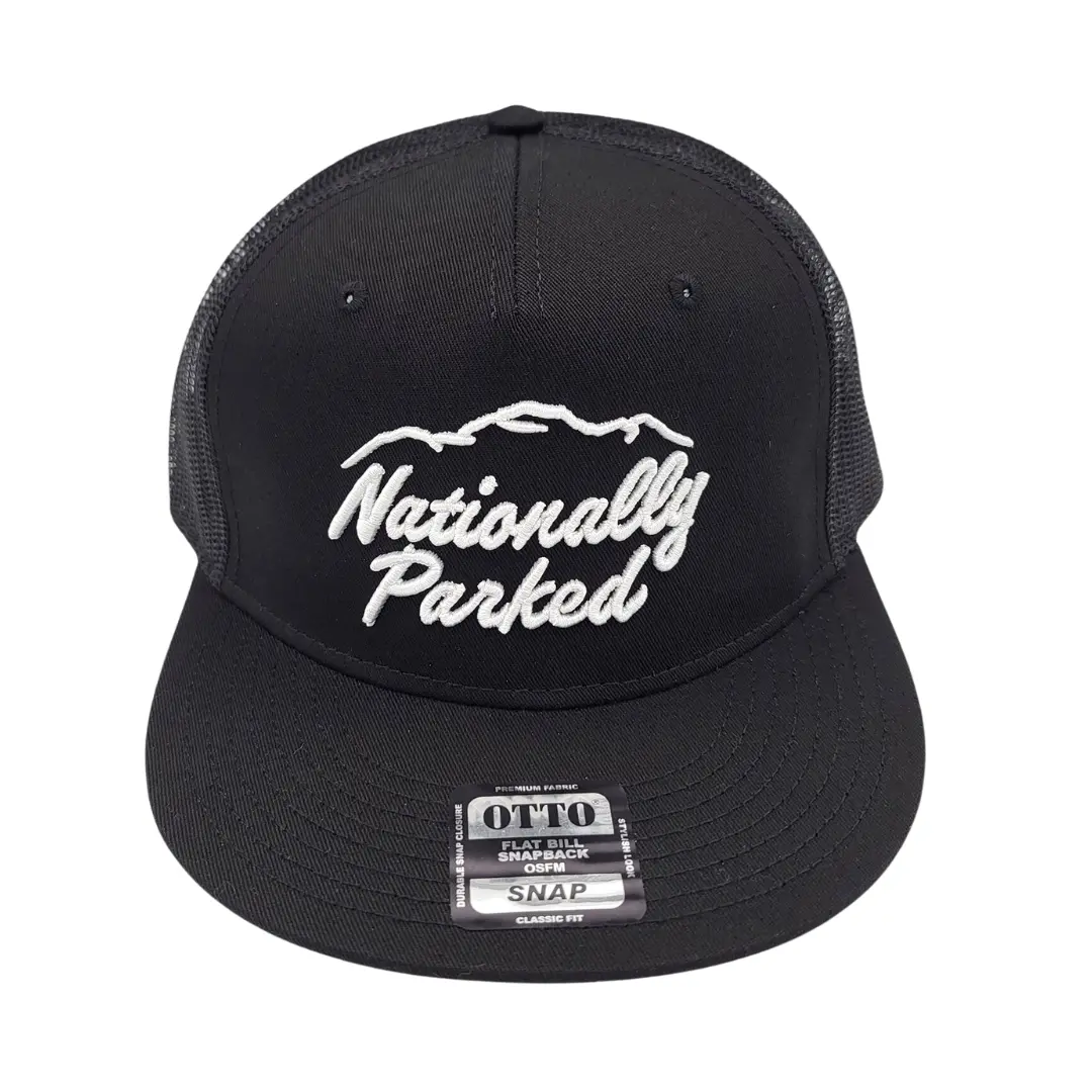 3D Embroidered Nationally Parked Script - Flat Bill Snapback - Black 1