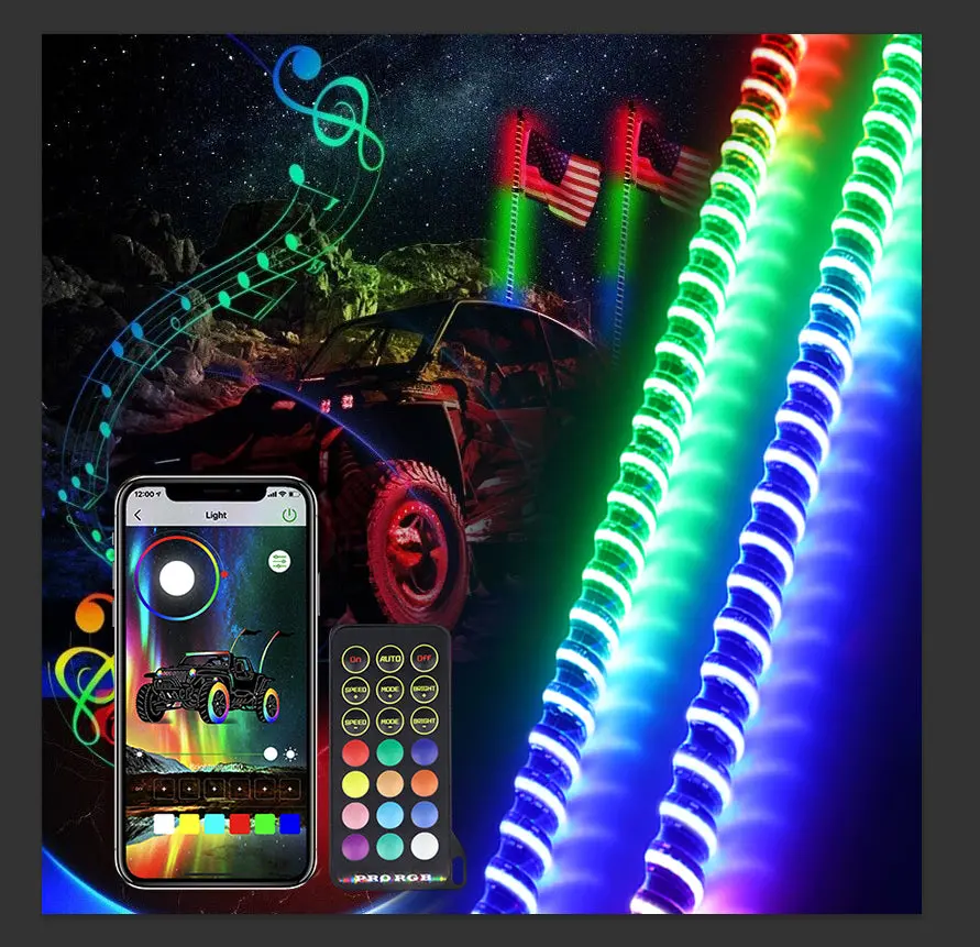 3Ft Spiral Led Whip Lights 0.75" Diameter With App+Remote Controllor 1