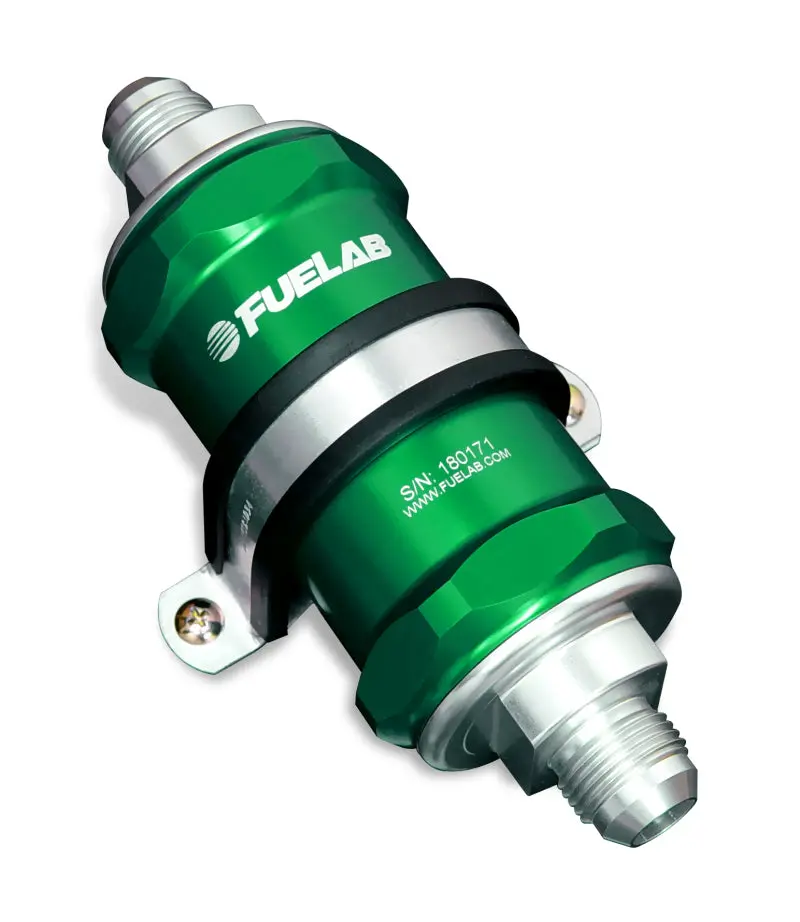 Fuelab 818 Inline Fuel Filter – -12An Inlet/Outlet, 6-Micron Fiberglass Element, Green Housing 1