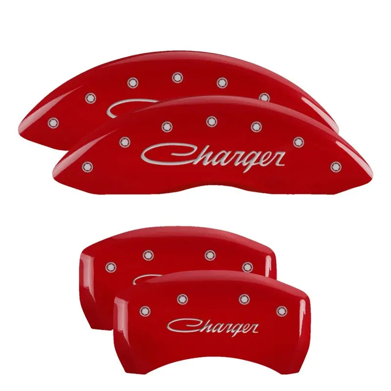 Mgp Engraved 4-Piston Caliper Covers – Front & Rear, Cursive Design With Charger Red Accent On Silver Finish 1